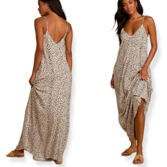 Walk On the Wild Side Beige Leopard Print Sleeveless Maxi Dress SZ Medium - Picture 4 of 13